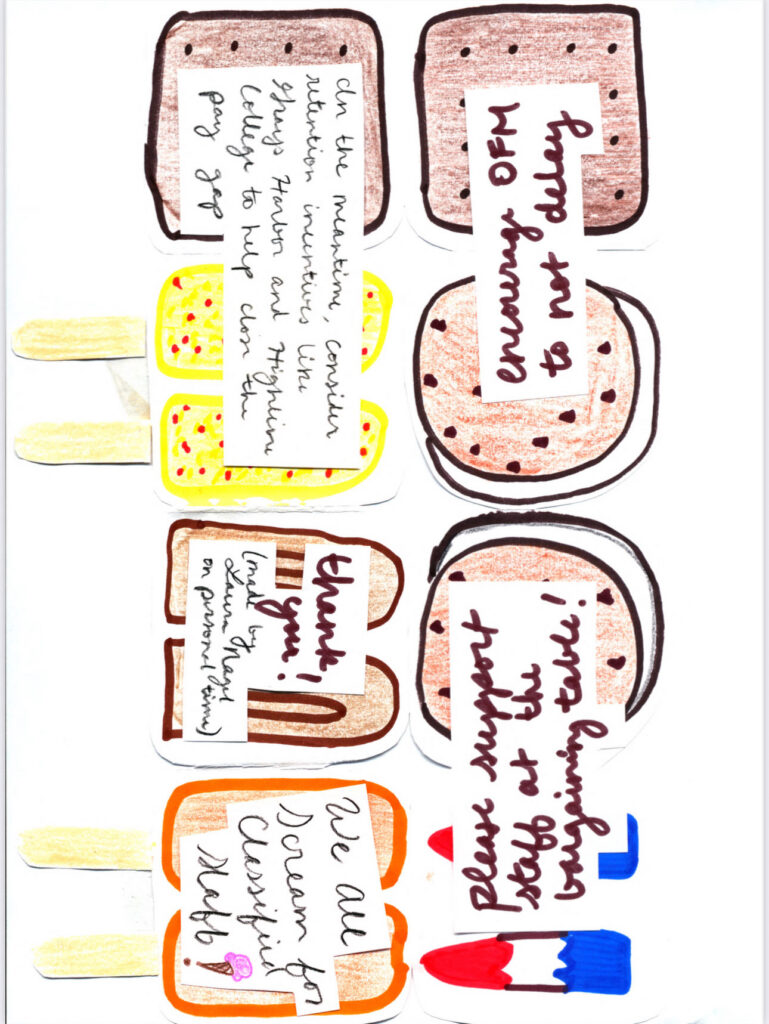 photo of drawn ice cream pops and ice cream sandwiches with several statements of support for classified staff.